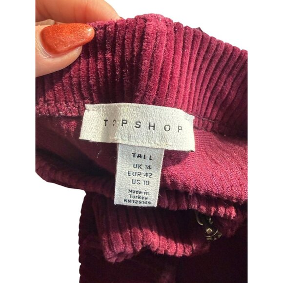 TOPSHOP Cranberry Textured Flare Leg High Waist Pull On Pants Size 10 Tall - Picture 2 of 8